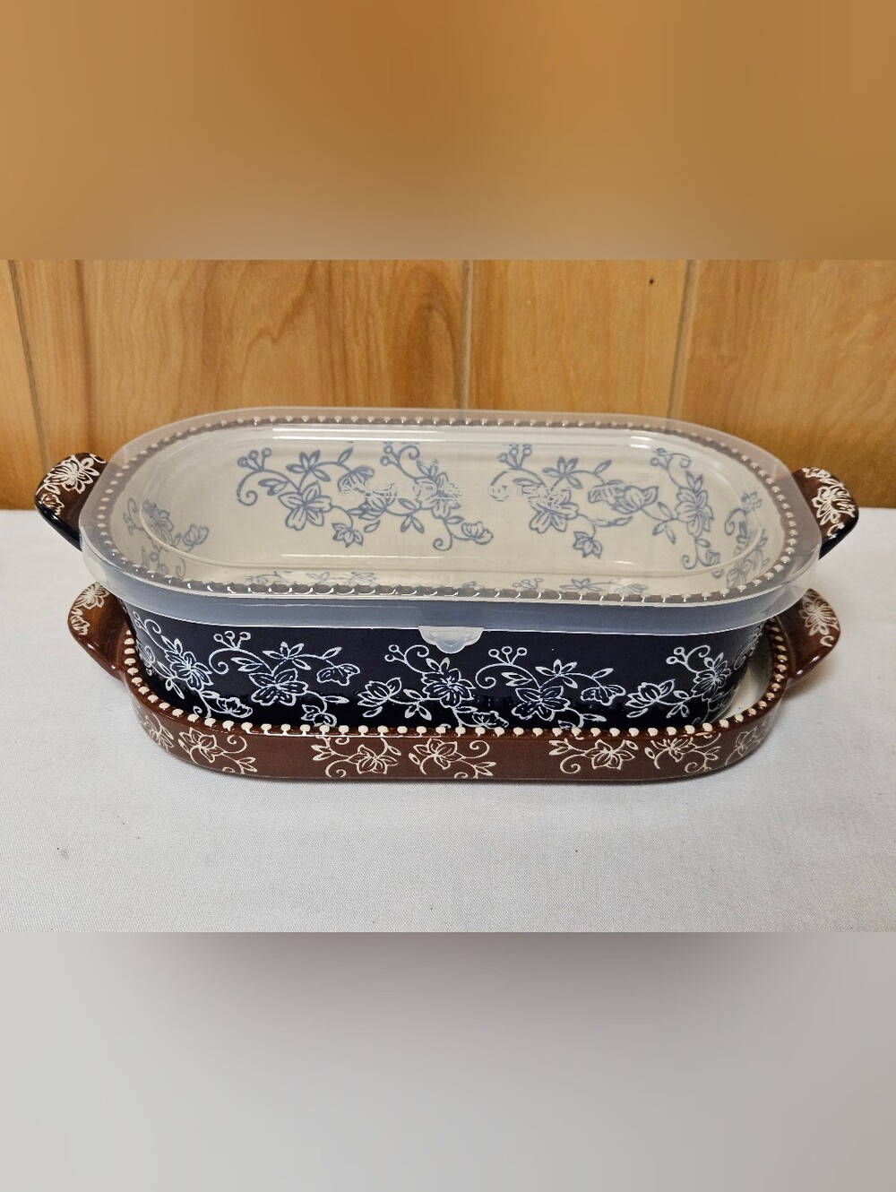 Temptations Floral Lace 1QT Bakeware 3PC Set Blue & BrownThe Temptations